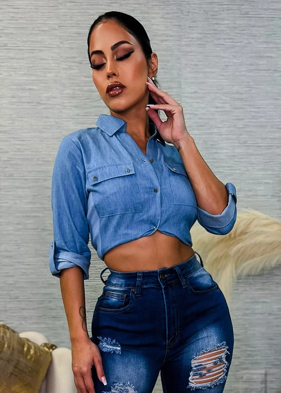 Quarter Sleeve Button Up Denim Collared Blouse Light Blue sold by Moda product image thumbnail 3