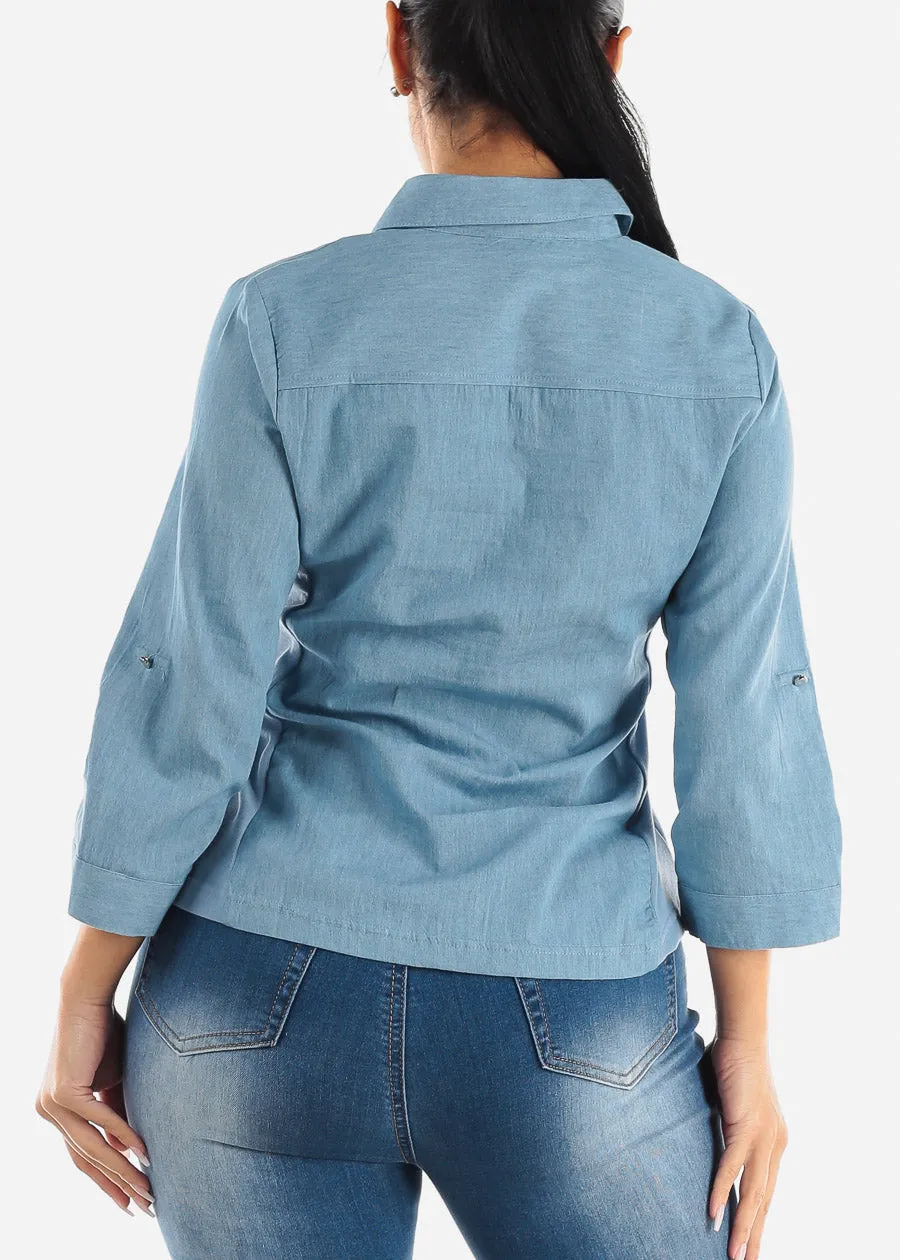 Quarter Sleeve Button Up Denim Collared Blouse Light Blue sold by Moda product image thumbnail 2