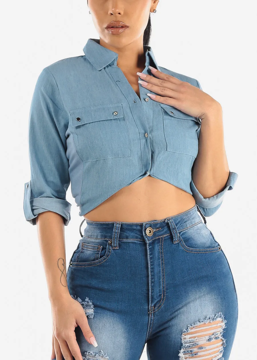 Quarter Sleeve Button Up Denim Collared Blouse Light Blue sold by Moda product image thumbnail 5