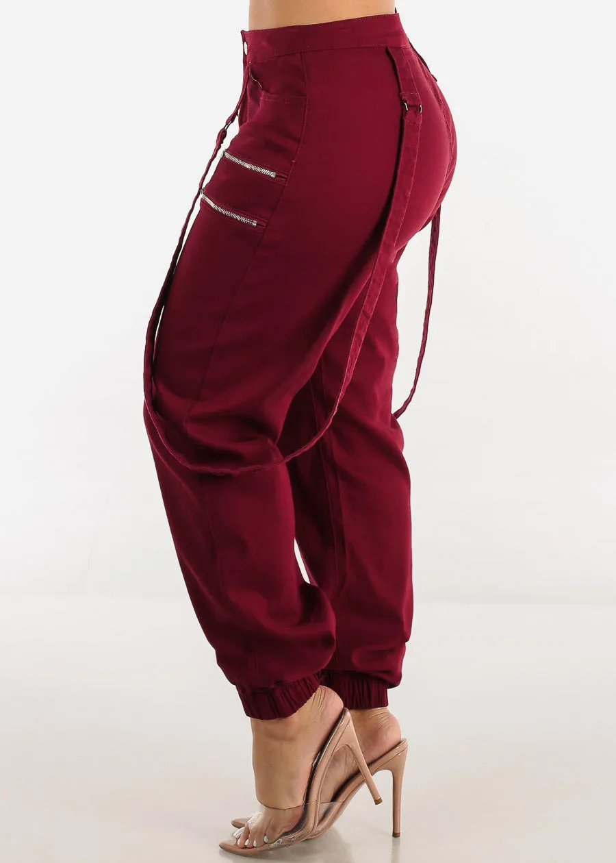 High Waisted Jogger Pants Burgundy w Straps sold by Moda product image thumbnail 3