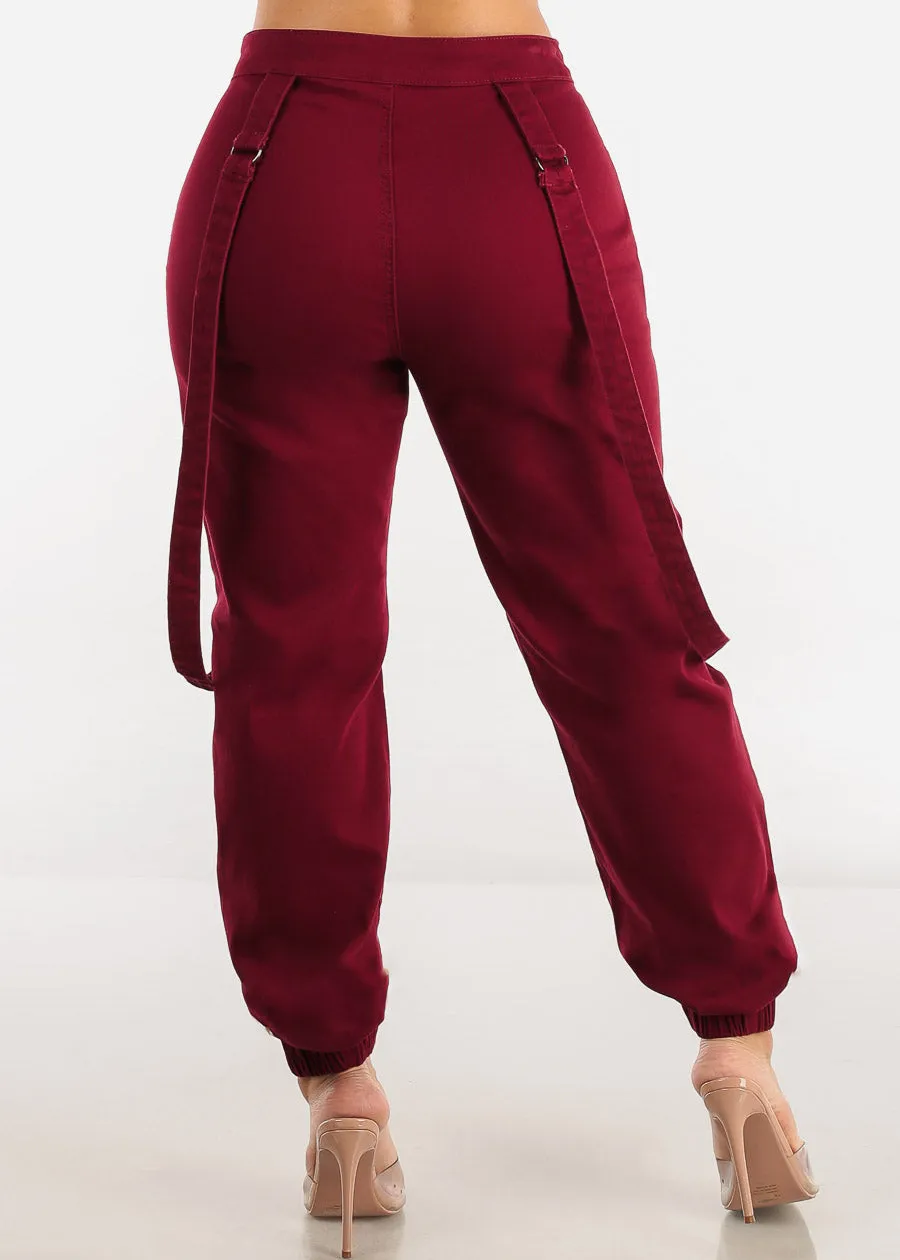 High Waisted Jogger Pants Burgundy w Straps sold by Moda product image thumbnail 4