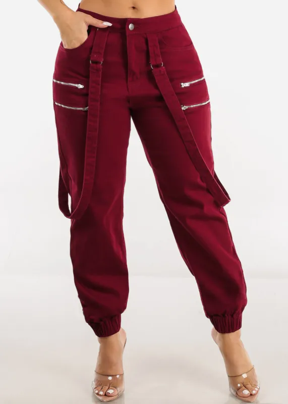 High Waisted Jogger Pants Burgundy w Straps sold by Moda