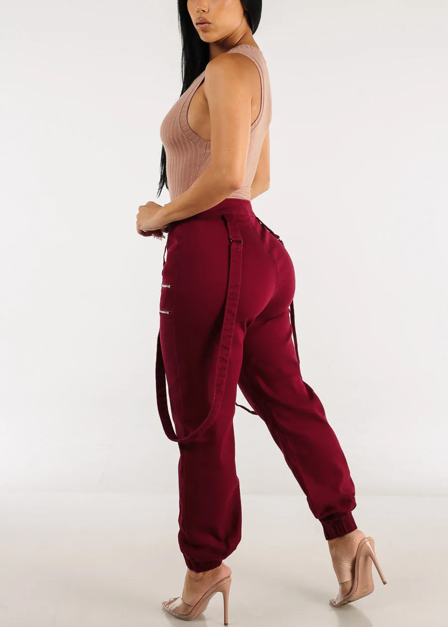 High Waisted Jogger Pants Burgundy w Straps sold by Moda product image thumbnail 5