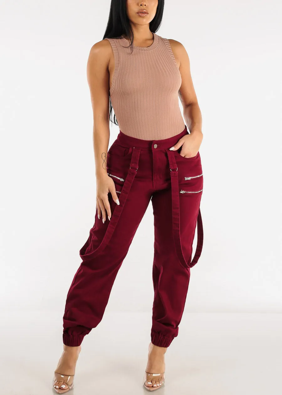 High Waisted Jogger Pants Burgundy w Straps sold by Moda product image thumbnail 2