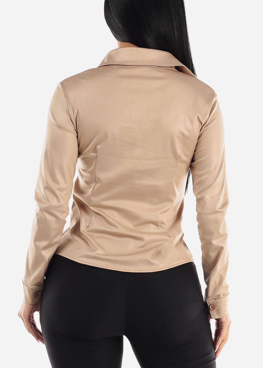 Long Sleeve Faux Leather Button Up Collared Blouse Taupe sold by Moda product image thumbnail 4