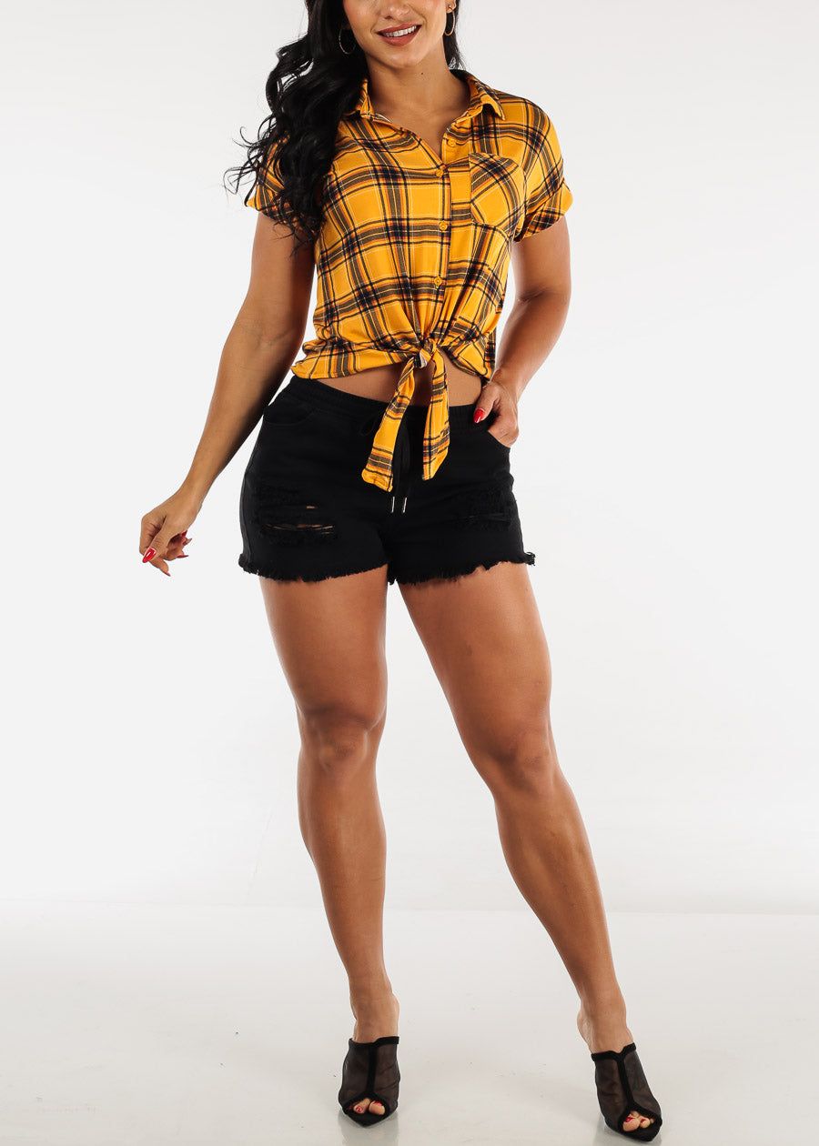 Distressed Drawstring Waist Black Denim Shorts sold by Moda product image thumbnail 2