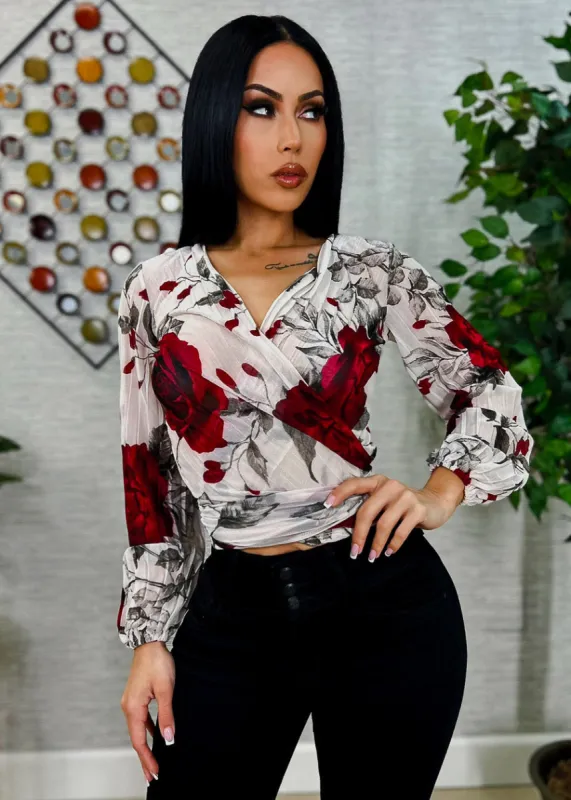 Long Sleeve Waist Tie Floral Blouse Ivory sold by Moda