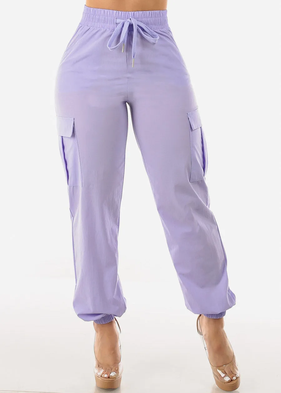 High Waist Drawstring Cargo Jogger Pants Lilac sold by Moda
