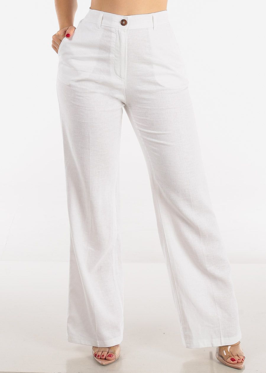 White High Waist Straight Wide Leg Linen Pants sold by Moda