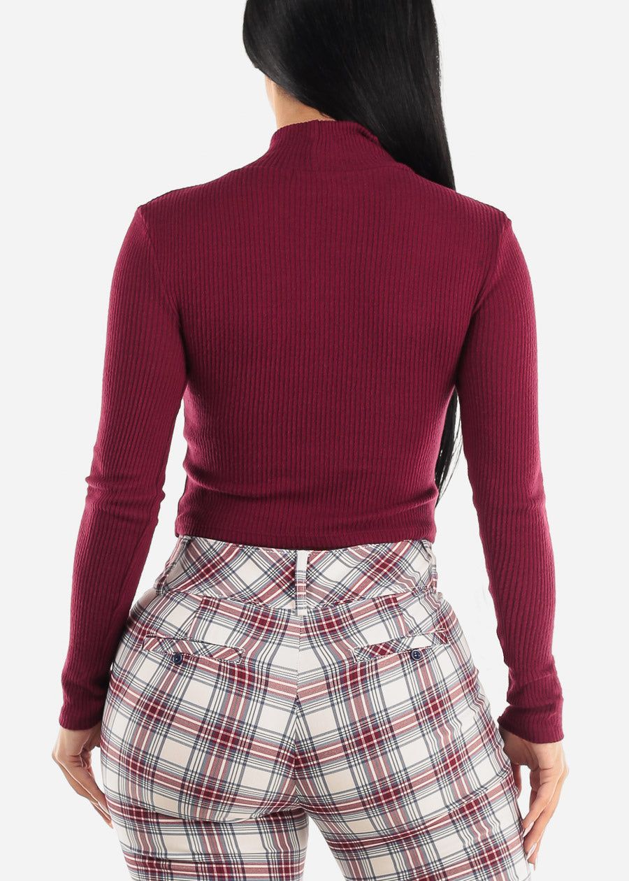 Long Sleeve Mock Neck Cropped Sweater Top Burgundy sold by Moda product image thumbnail 4
