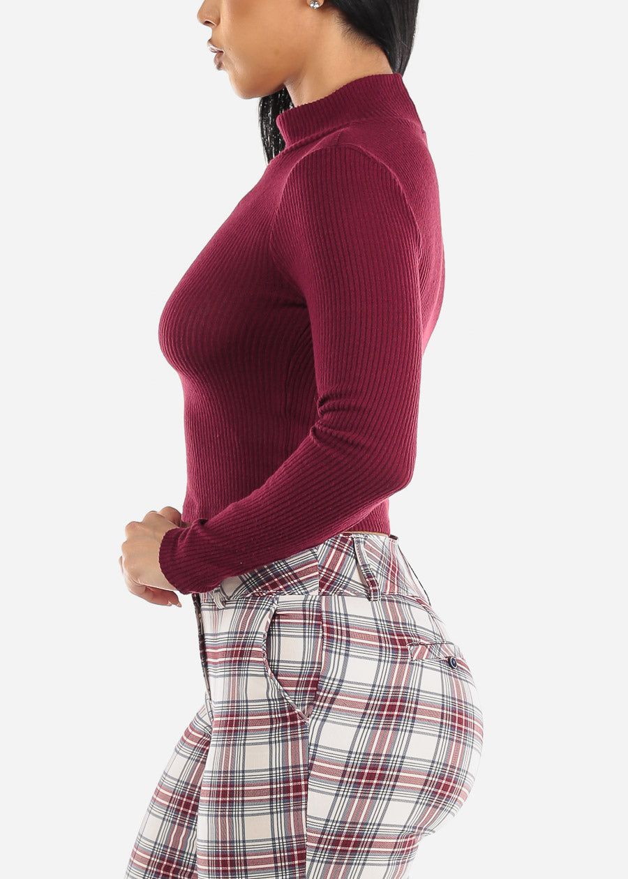 Long Sleeve Mock Neck Cropped Sweater Top Burgundy sold by Moda product image thumbnail 3