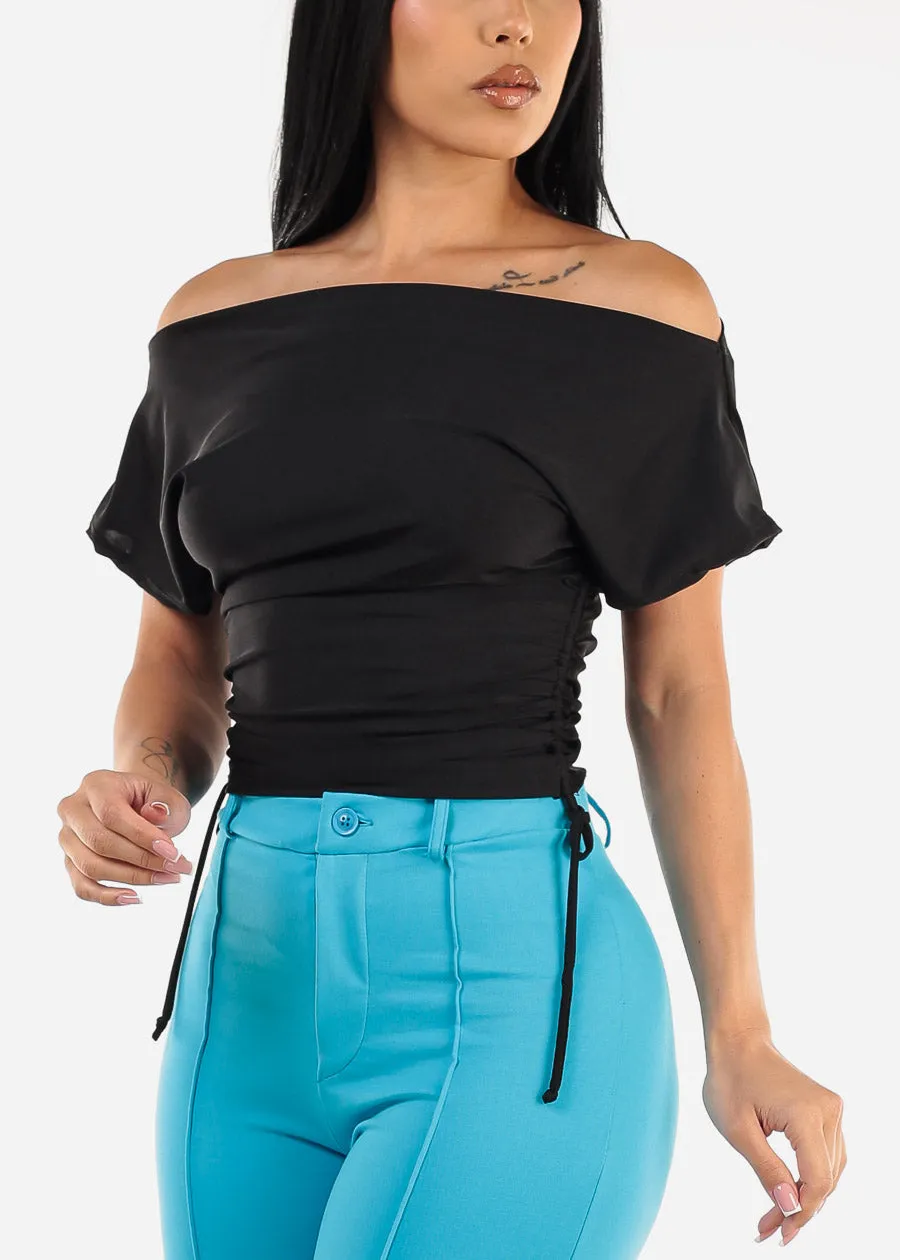 Short Sleeve Black Top w Adjustable Drawstring Sides sold by Moda
