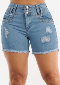 Butt Lifting Raw Hem Distressed Denim Shorts Light Blue sold by Moda
