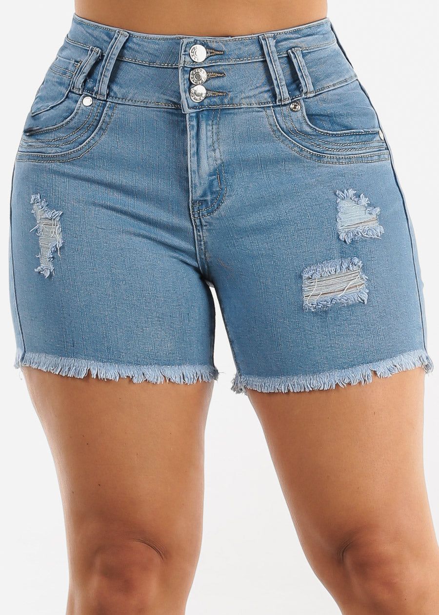 Butt Lifting Raw Hem Distressed Denim Shorts Light Blue sold by Moda product image thumbnail 4