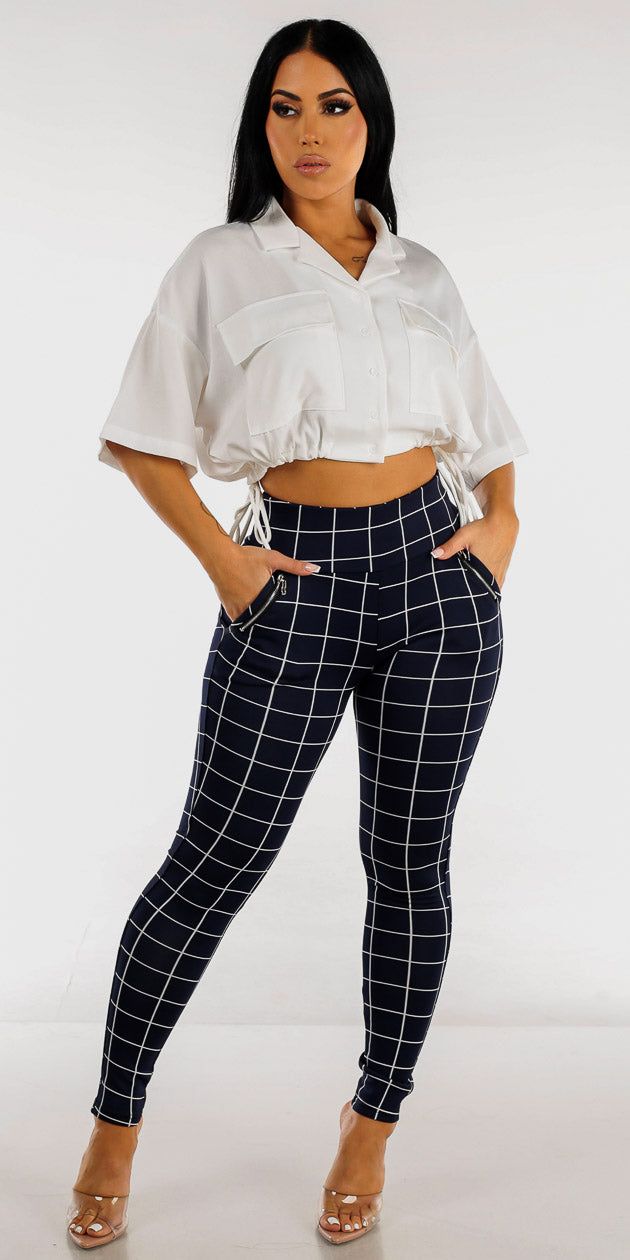 Navy High Rise Plaid Skinny Pants with Drawstring Hem White Short Sleeve Shirt sold by Moda