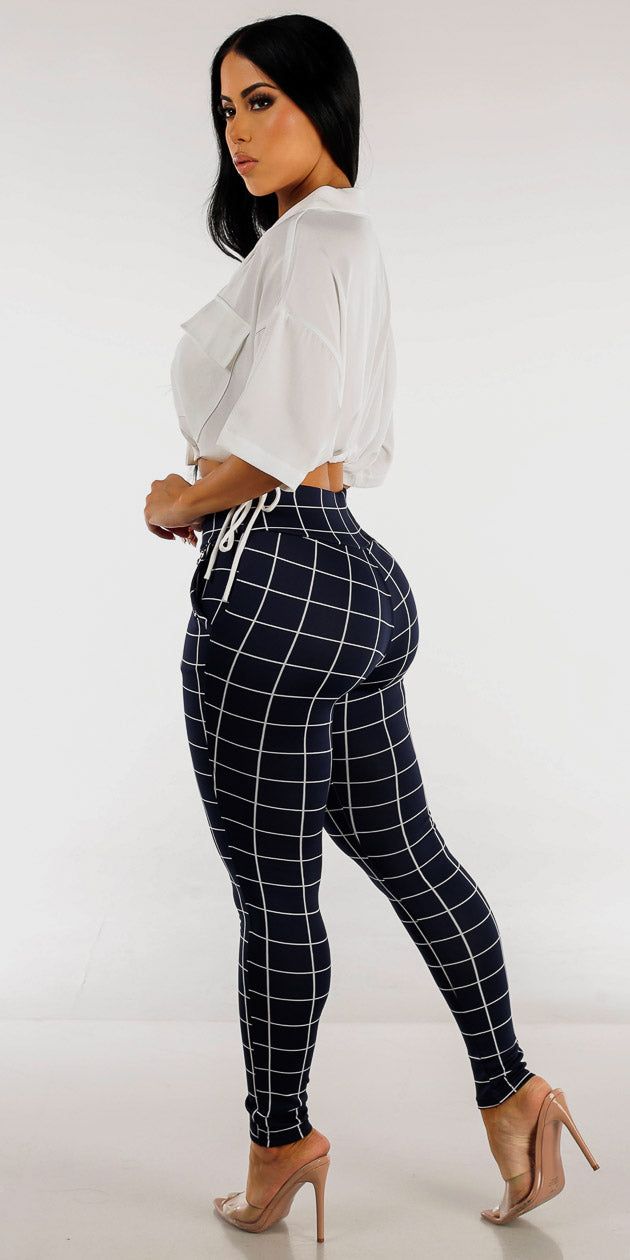 Navy High Rise Plaid Skinny Pants with Drawstring Hem White Short Sleeve Shirt sold by Moda product image thumbnail 2