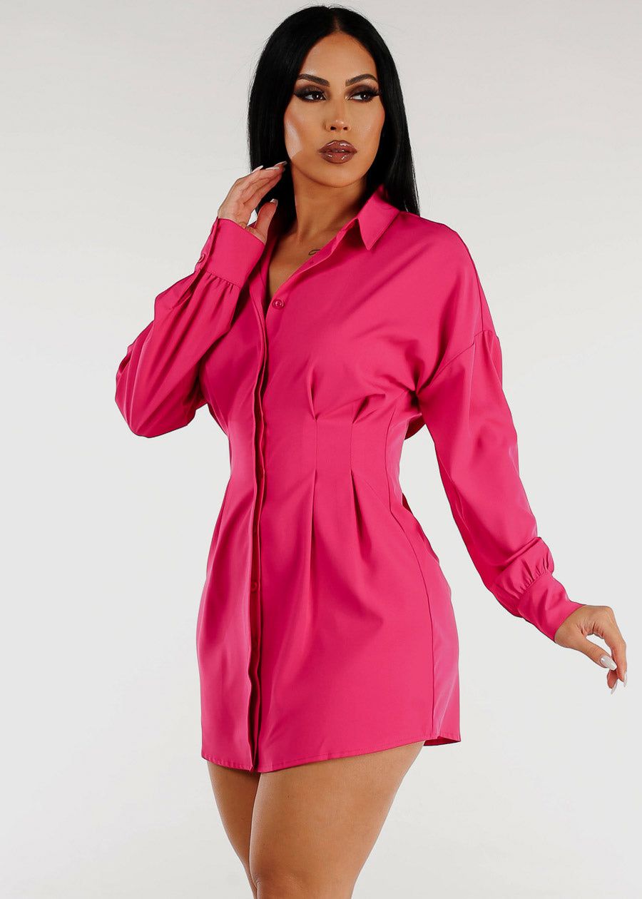 Long Sleeve Button Down Pleated Mini Shirtdress Fuchsia sold by Moda