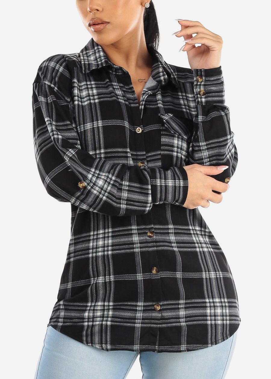 Black Long Sleeve Button Up Plaid Shirt sold by Moda
