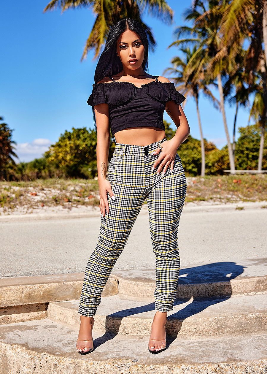 High Waisted Plaid Jogger Pants Yellow & Black sold by Moda product image thumbnail 2