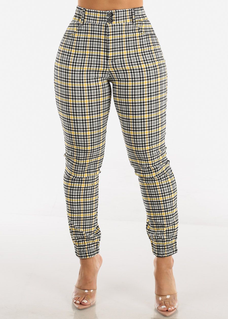 High Waisted Plaid Jogger Pants Yellow & Black sold by Moda