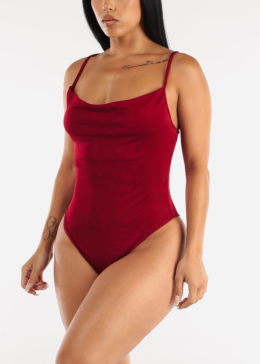Sleeveless Slinky Cowl Neck Thong Bodysuit Dark Red sold by Moda