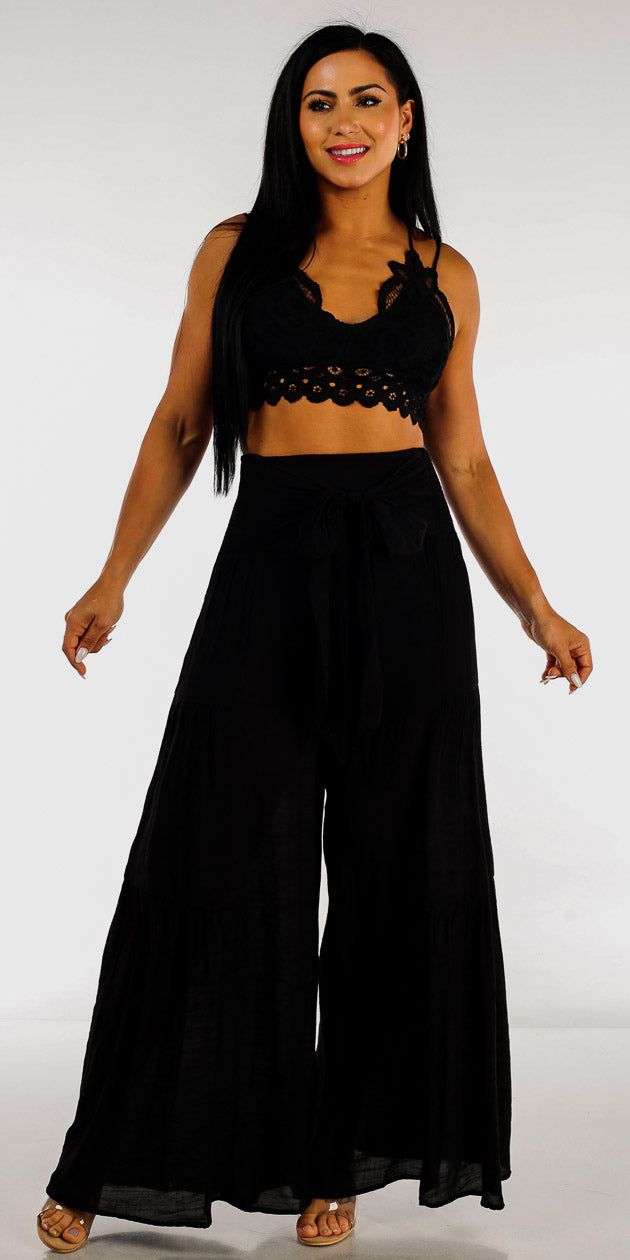 Black Wide Leg Flared Pants with Black Floral Lace Bralette sold by Moda