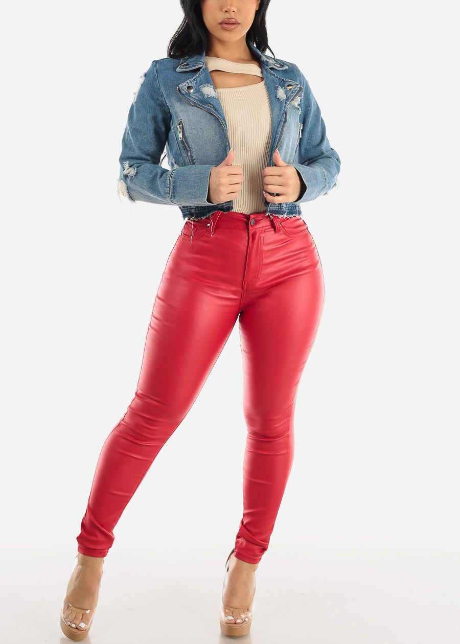 High Waist Faux Leather Skinny Pants Red sold by Moda product image thumbnail 5
