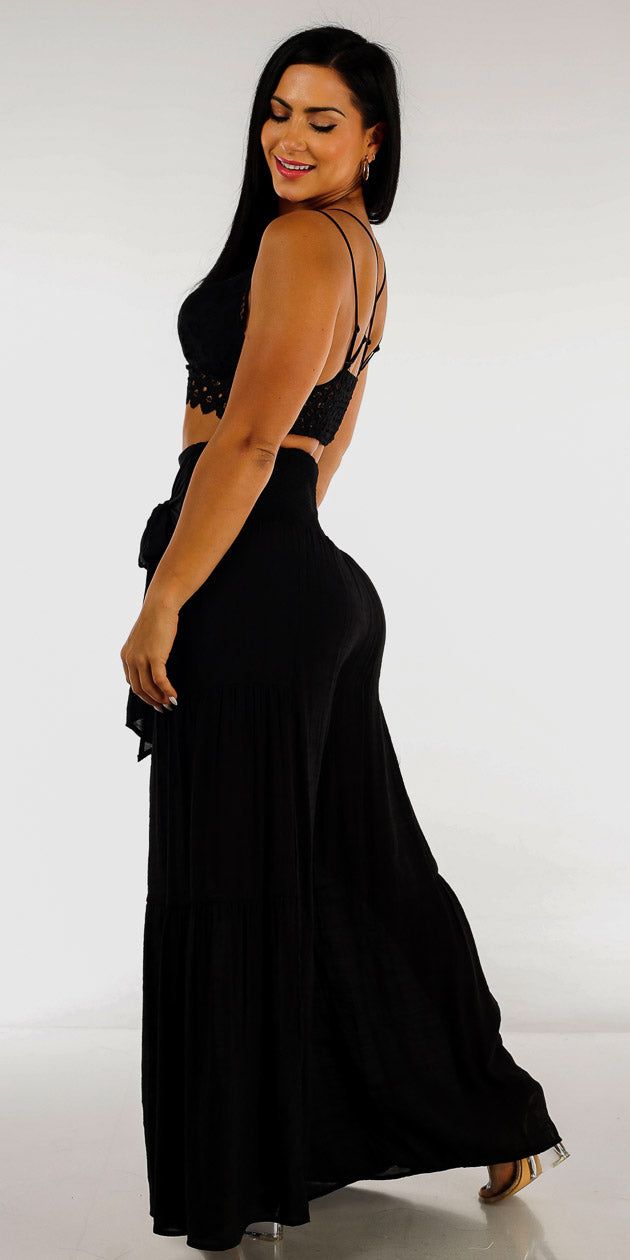 Black Wide Leg Flared Pants with Black Floral Lace Bralette sold by Moda product image thumbnail 2