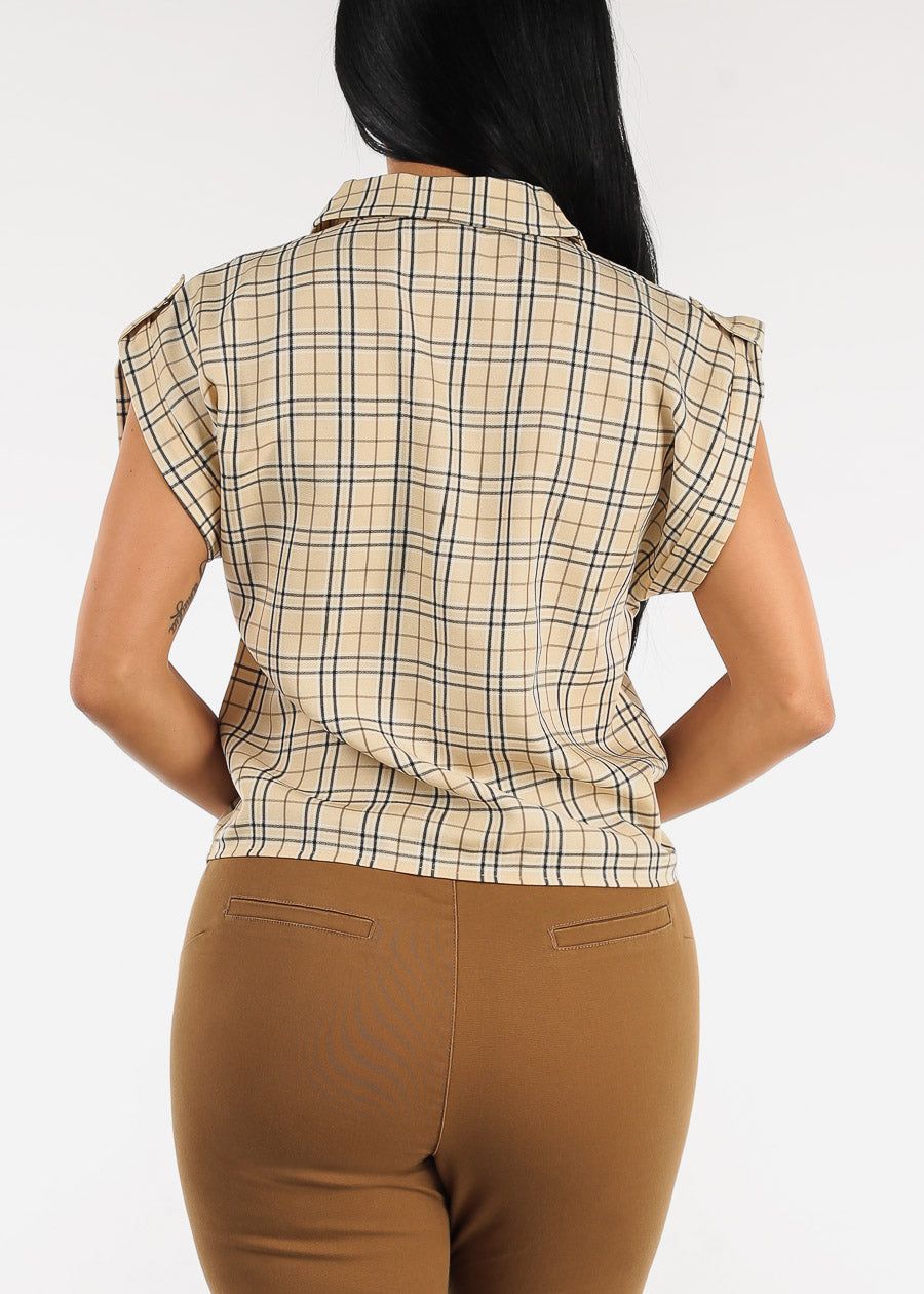 Short Cuffed Sleeve Button Up Plaid Shirt Taupe sold by Moda product image thumbnail 4