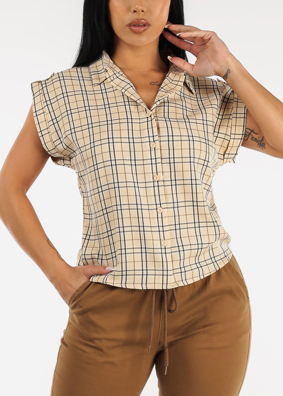Short Cuffed Sleeve Button Up Plaid Shirt Taupe sold by Moda