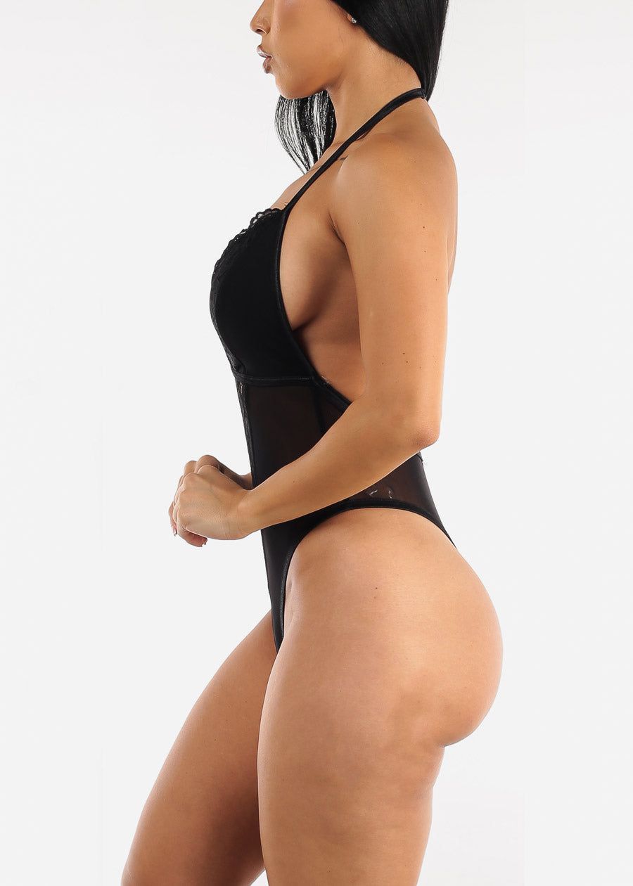 Open Back Lace & Mesh Thong Bodysuit Black sold by Moda product image thumbnail 5