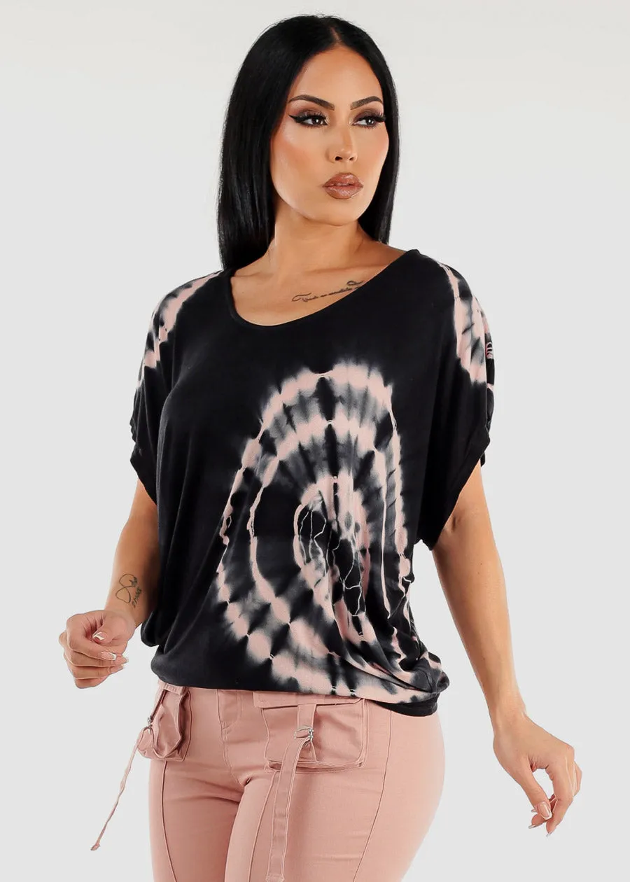 Short Dolman Sleeve Tie Dye Tunic Top Black sold by Moda