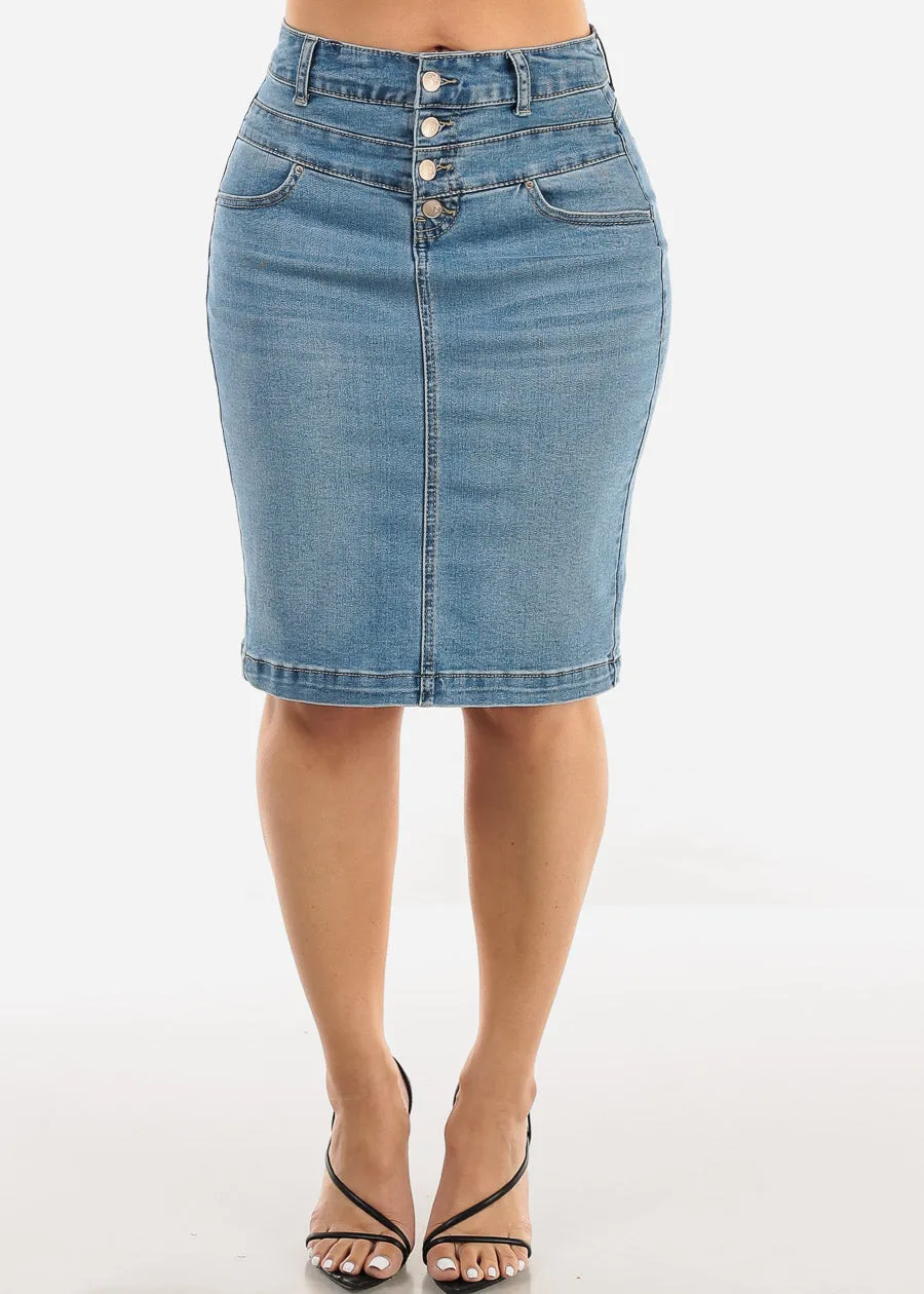 Button Up High Waisted Light Denim Pencil Skirt sold by Moda