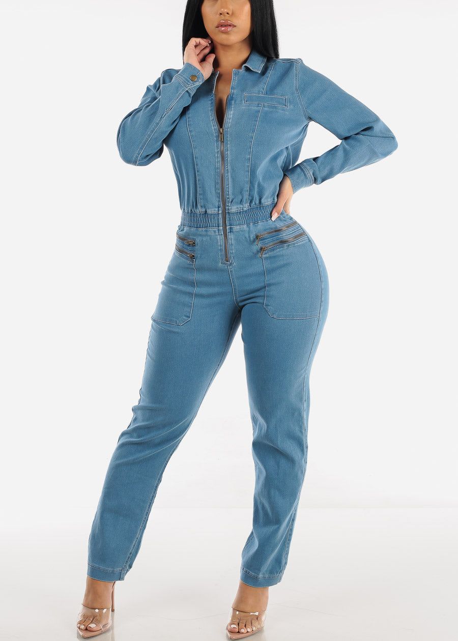 Zip Up Smocked Waist Denim Jumpsuit Med Blue sold by Moda