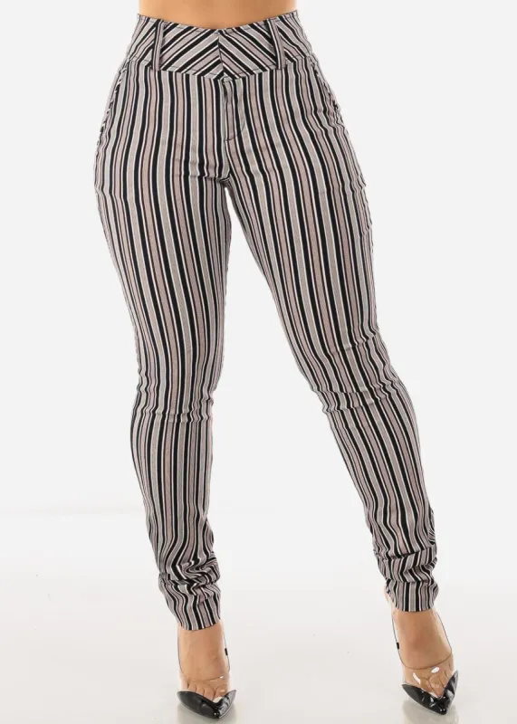 High Waisted Stripe Dressy Skinny Pants Black & Burgundy sold by Moda