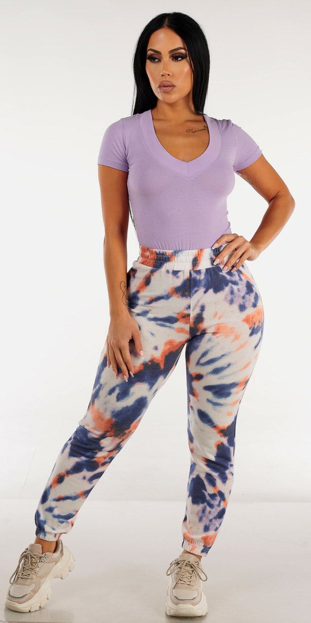 High Waisted Blue Tie Dye Jogger Pants with Basic Short Sleeve Lilac Vneck T-Shirt sold by Moda