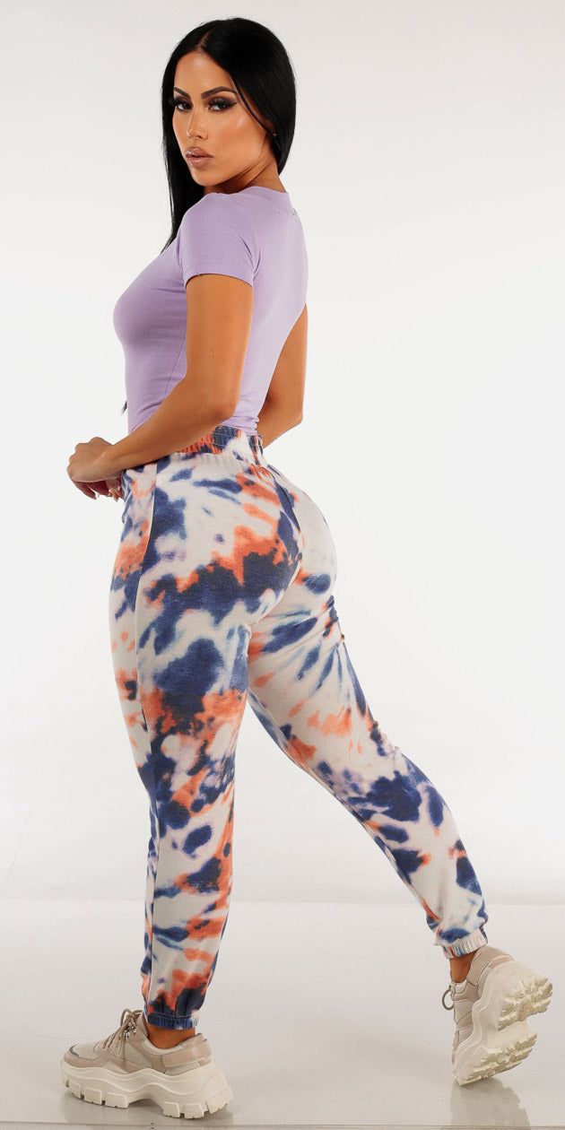 High Waisted Blue Tie Dye Jogger Pants with Basic Short Sleeve Lilac Vneck T-Shirt sold by Moda product image thumbnail 2