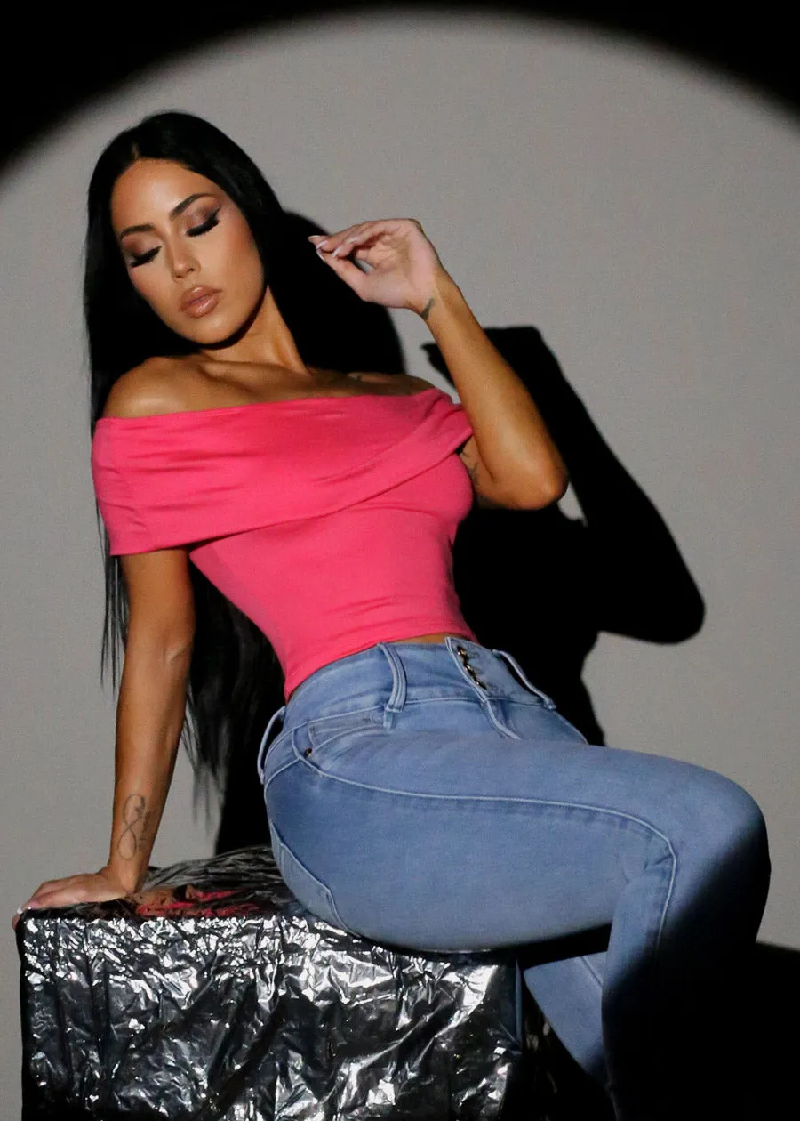 Off Shoulder Hot Pink Crop Top sold by Moda