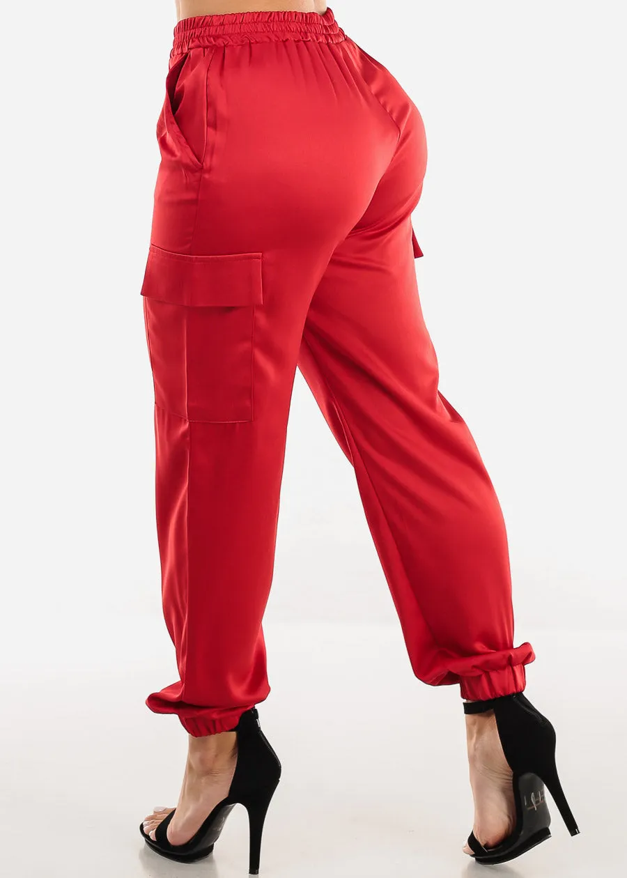 Super High Waisted Satin Cargo Jogger Pants Red sold by Moda product image thumbnail 4