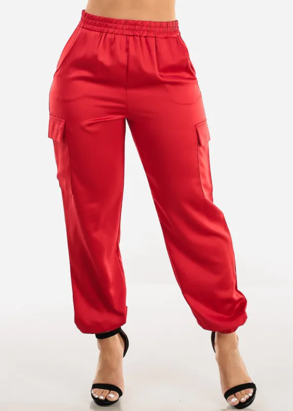 Super High Waisted Satin Cargo Jogger Pants Red sold by Moda