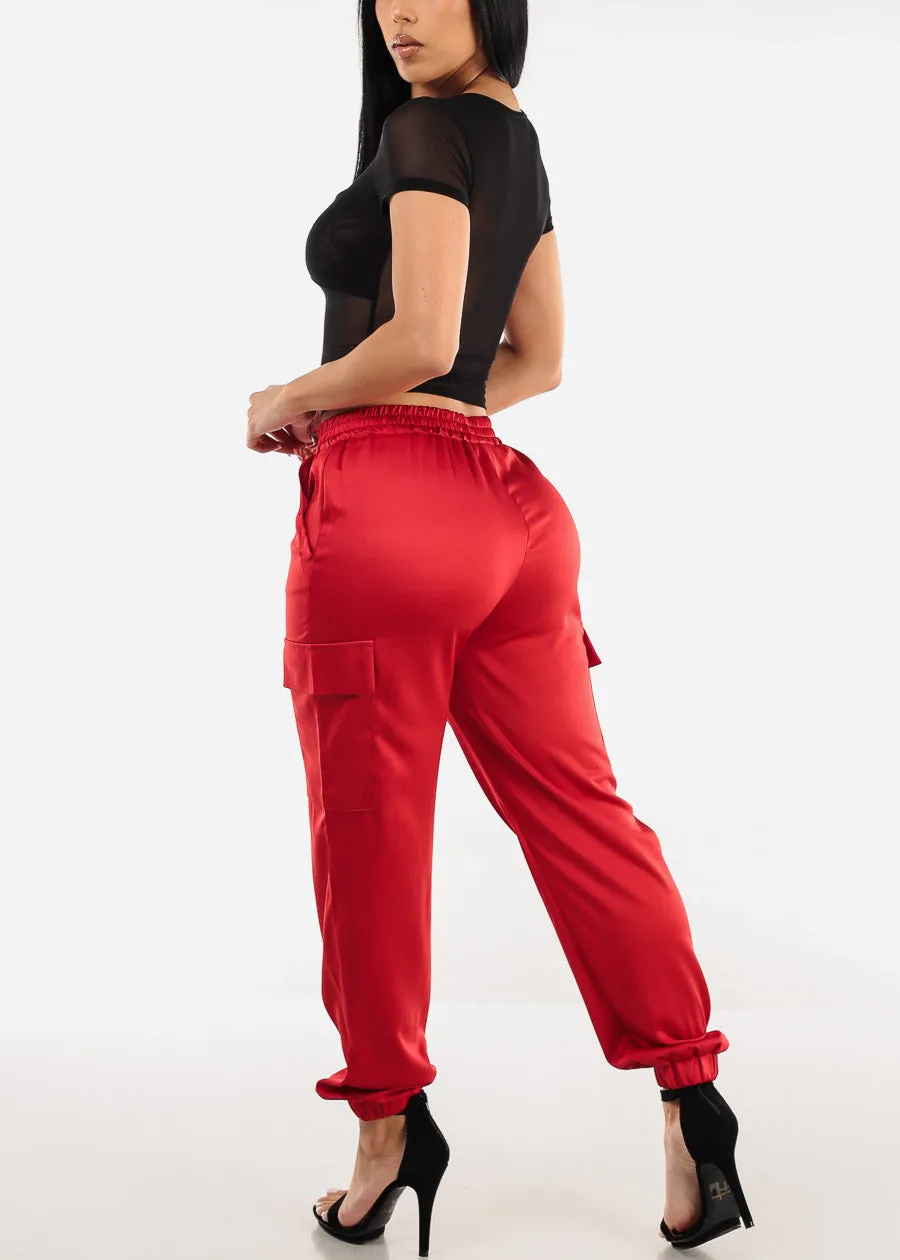 Super High Waisted Satin Cargo Jogger Pants Red sold by Moda product image thumbnail 5