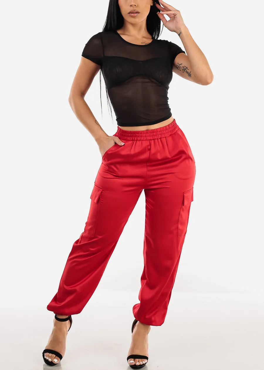 Super High Waisted Satin Cargo Jogger Pants Red sold by Moda product image thumbnail 2