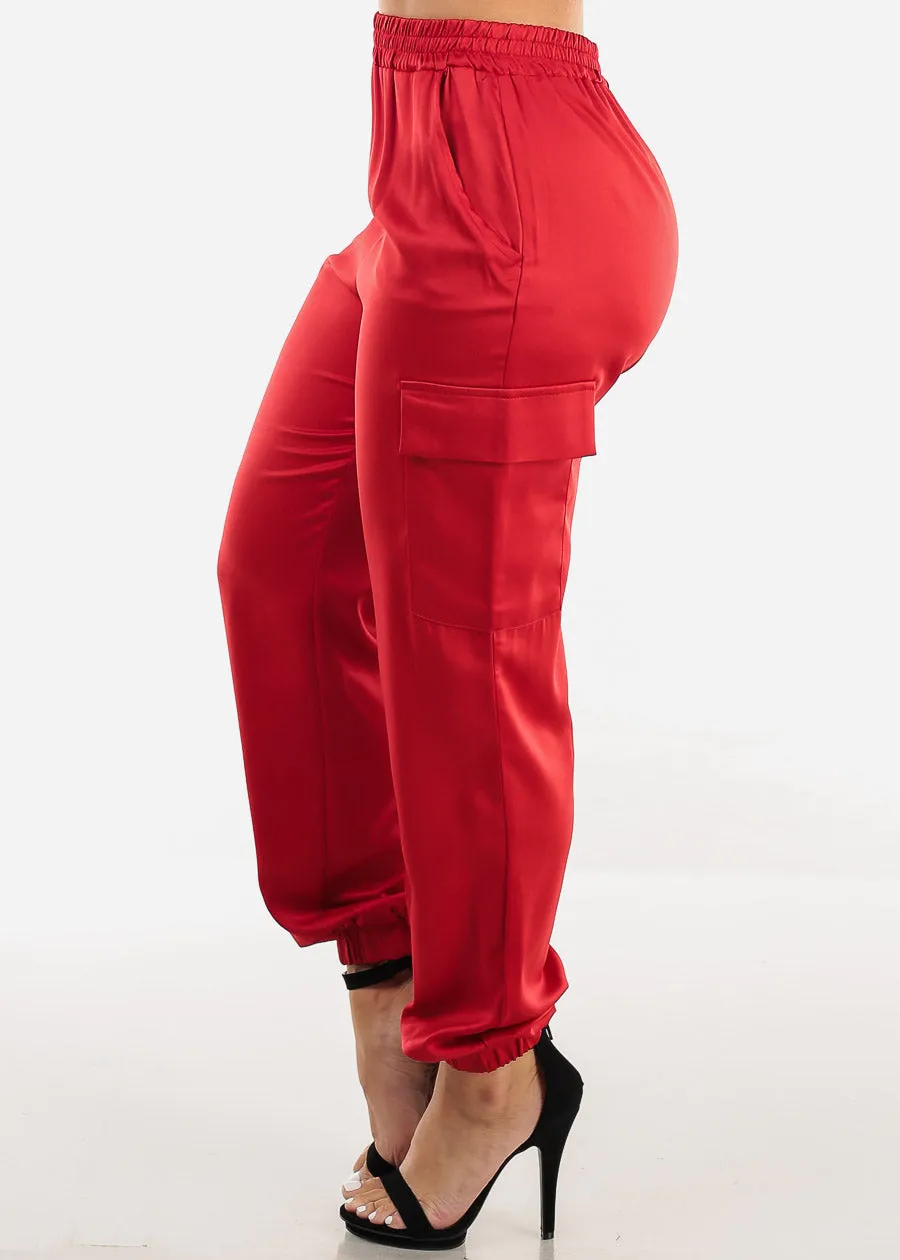 Super High Waisted Satin Cargo Jogger Pants Red sold by Moda product image thumbnail 3