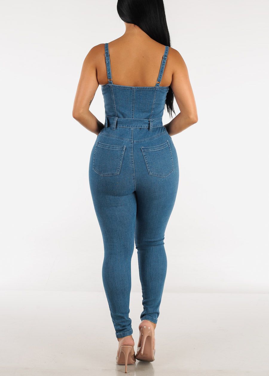 Sleeveless Zip Up Med Blue Denim Jumpsuit w Belt sold by Moda product image thumbnail 5