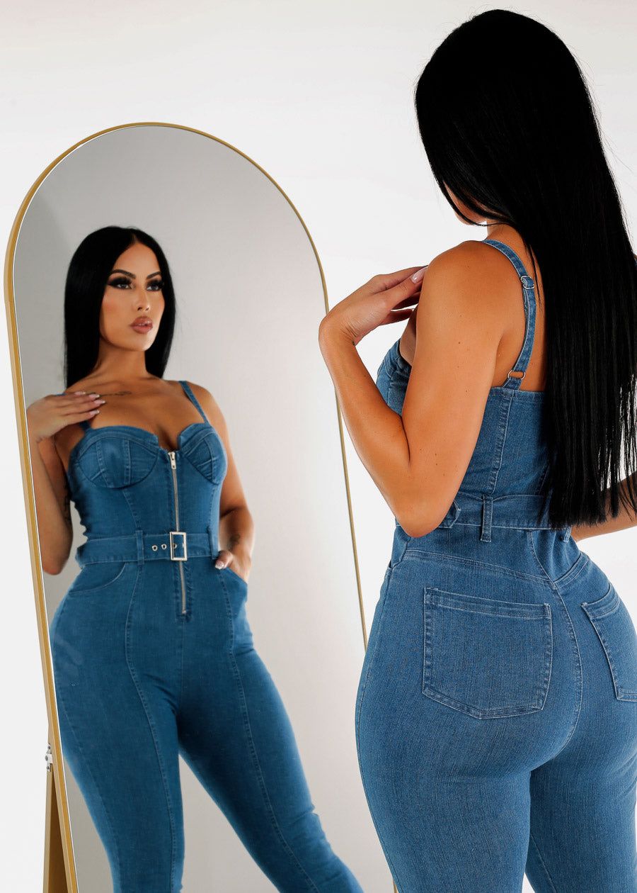 Sleeveless Zip Up Med Blue Denim Jumpsuit w Belt sold by Moda product image thumbnail 3