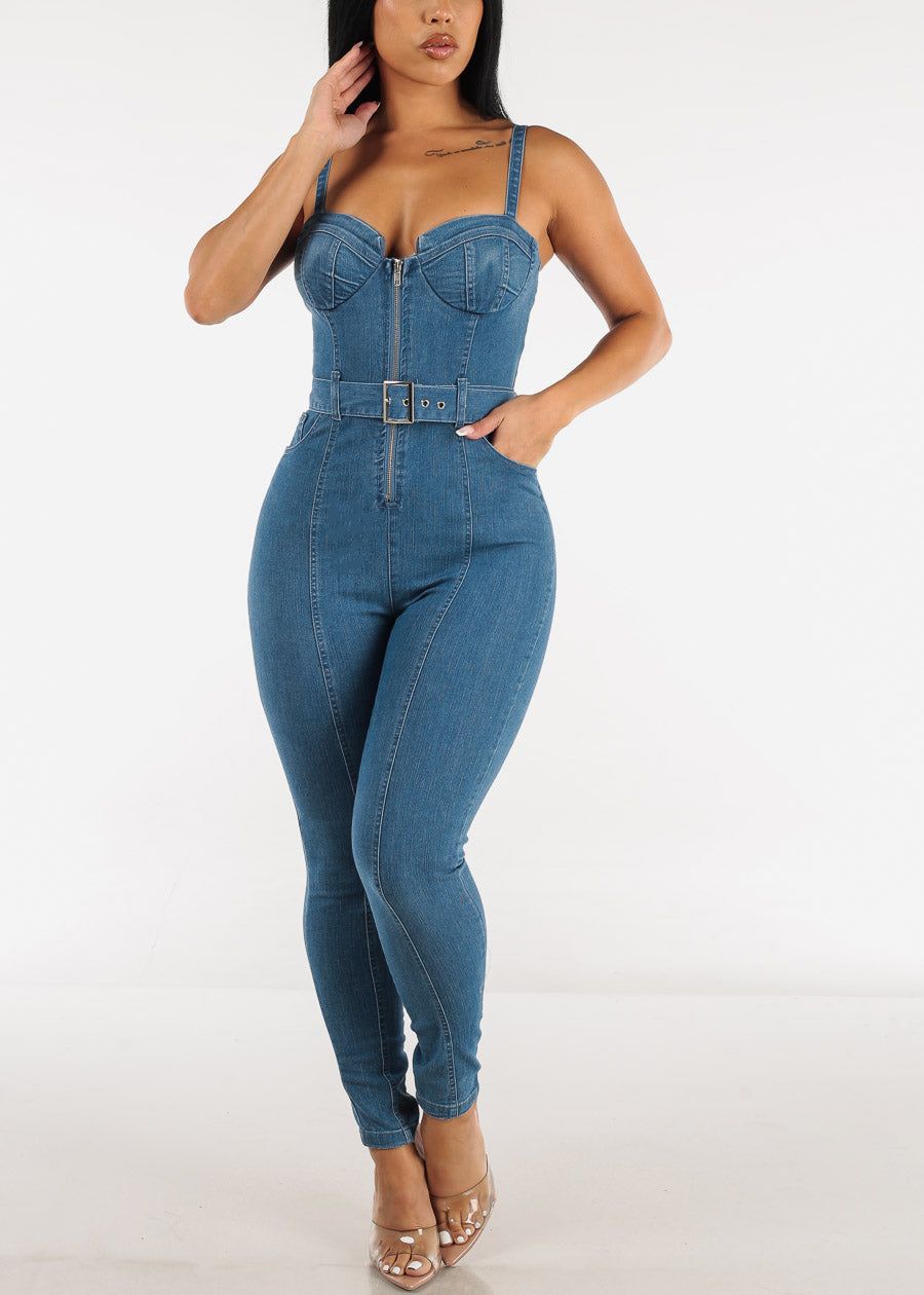 Sleeveless Zip Up Med Blue Denim Jumpsuit w Belt sold by Moda