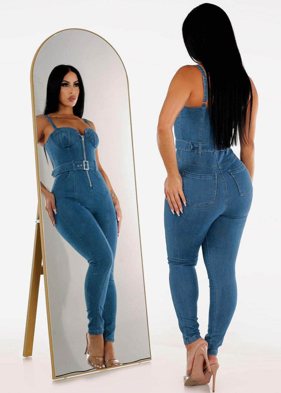 Sleeveless Zip Up Med Blue Denim Jumpsuit w Belt sold by Moda product image thumbnail 2