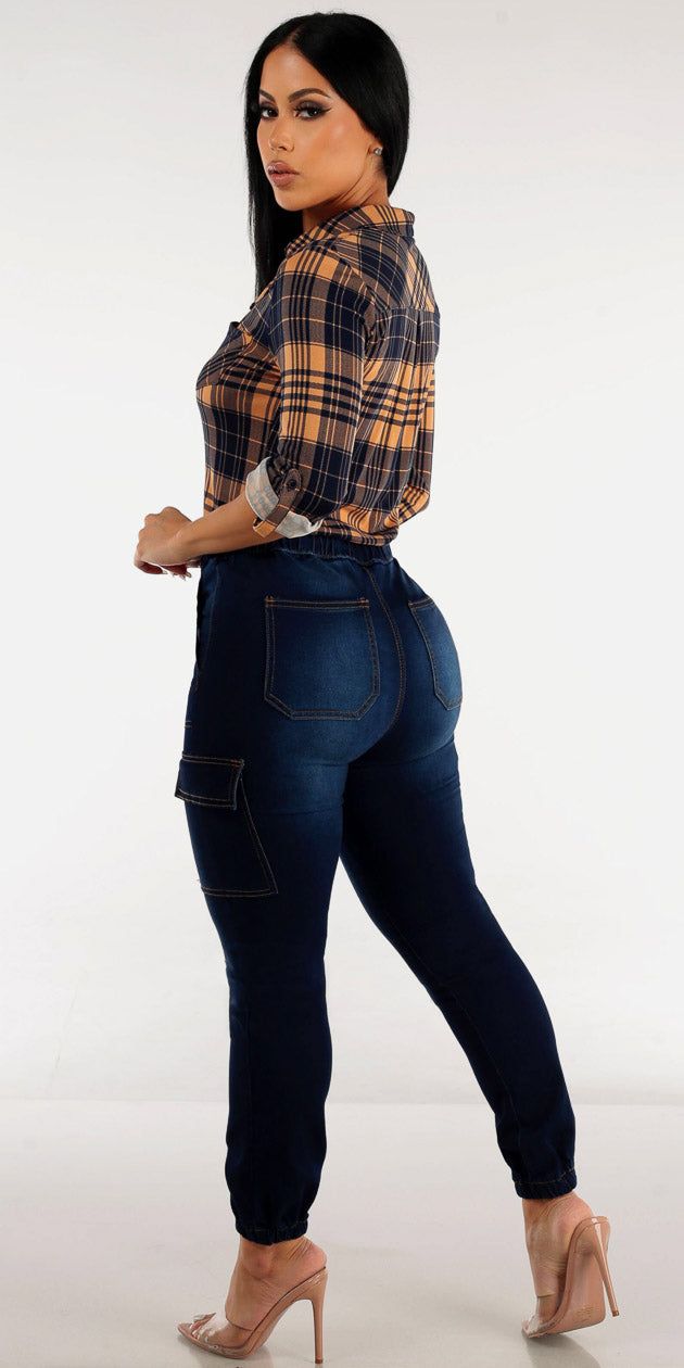 Drawstring Waist Dark Blue Denim Cargo Joggers with Long Sleeve Button Up Plaid Shirt sold by Moda product image thumbnail 2