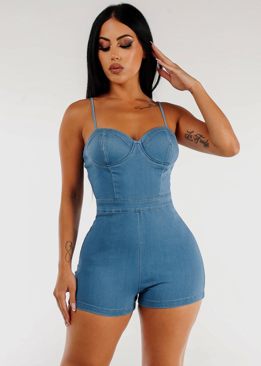 Sleeveless Sweetheart Neck Denim Romper Med Blue sold by Moda