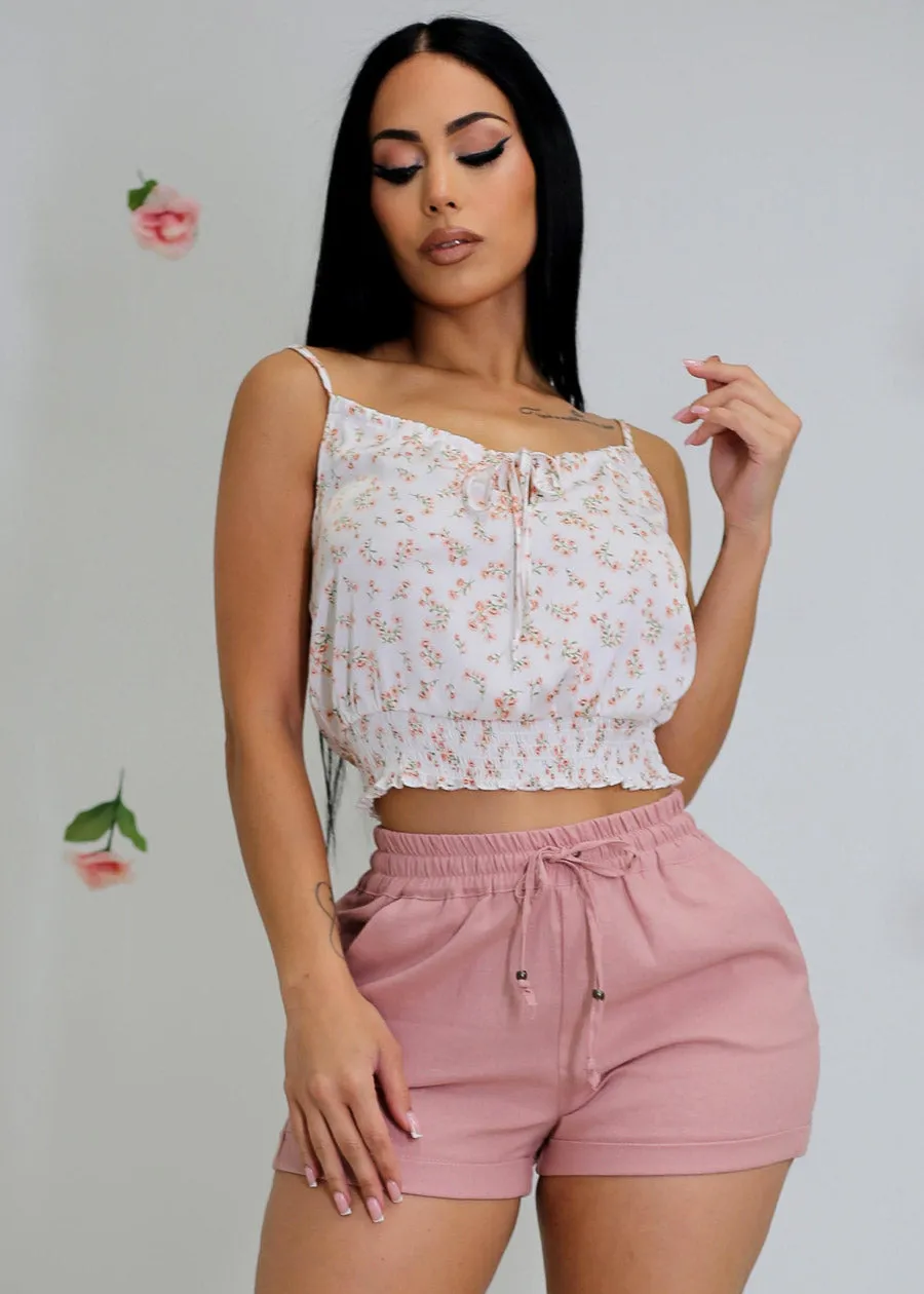 White Satin Sleeveless Floral Cami Crop Top sold by Moda